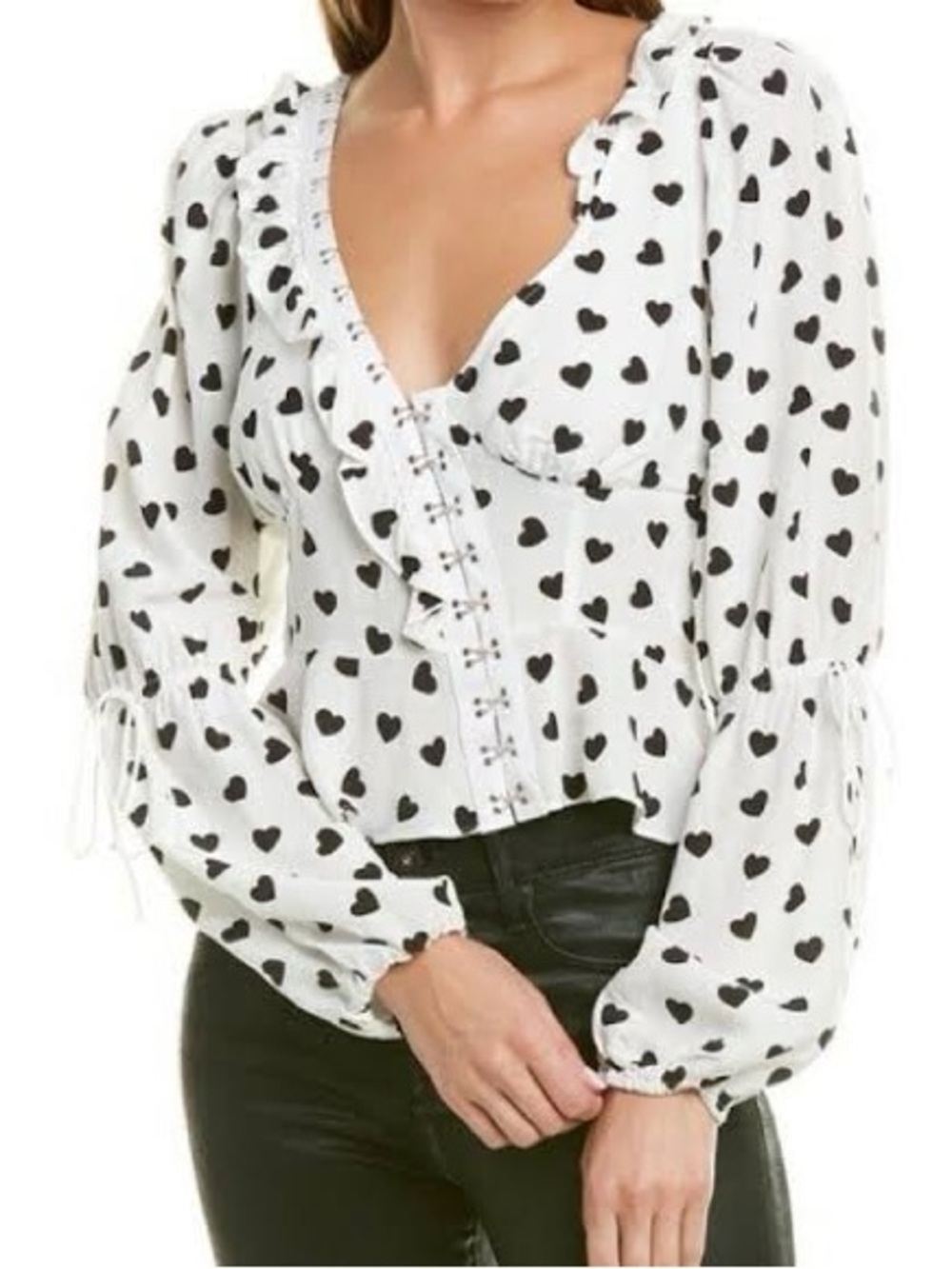For Love & Lemons Willow Heart Print Corset Top Ruffle Blouse White Black Small